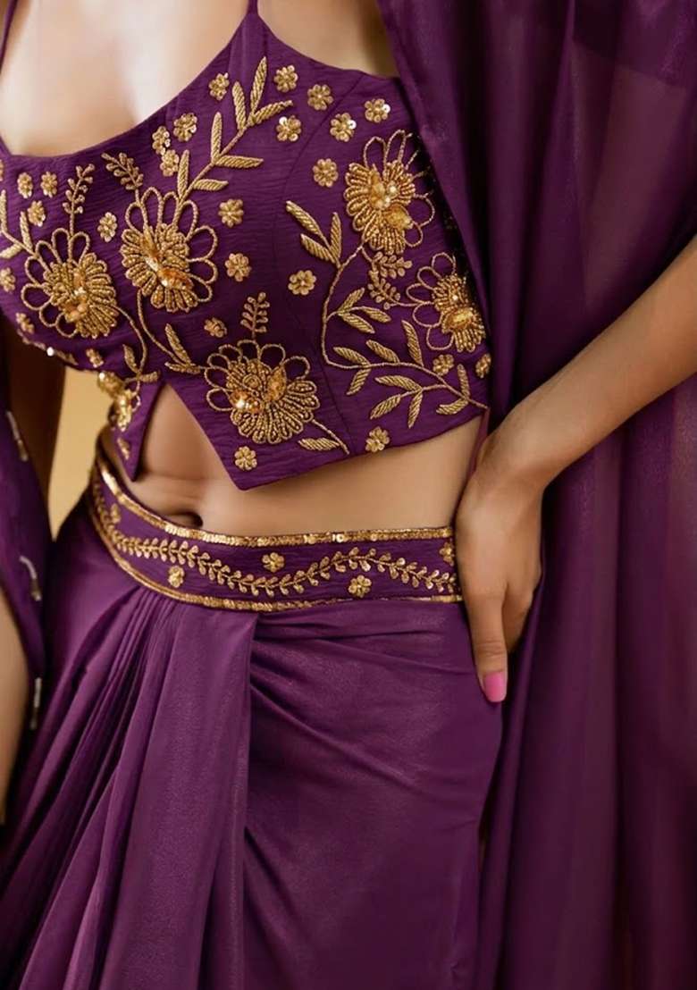 Purple Chinon Embellished Handwork Fusion Set - Indya