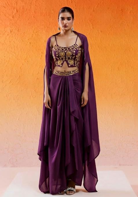 Purple Chinon Embellished Handwork Fusion Set