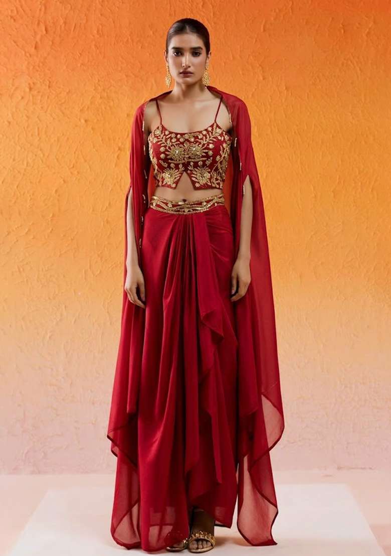Ice Blue Chinon Embellished Handwork Fusion Set - Indya