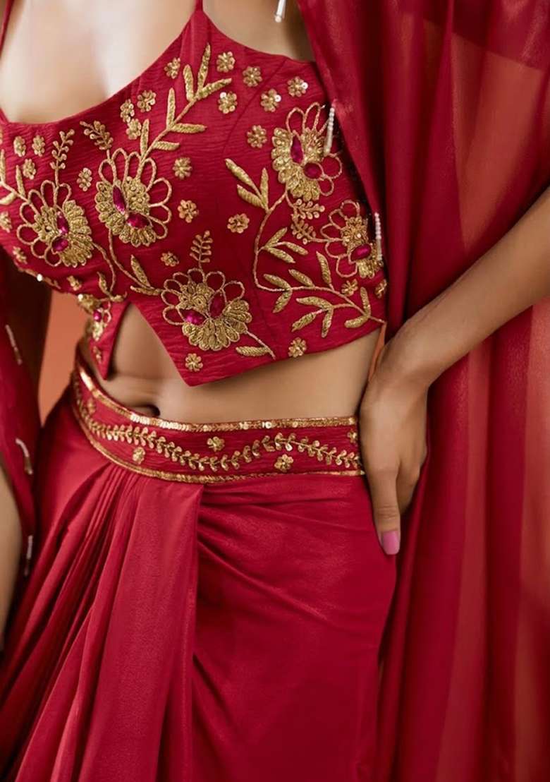 Ice Blue Chinon Embellished Handwork Fusion Set - Indya