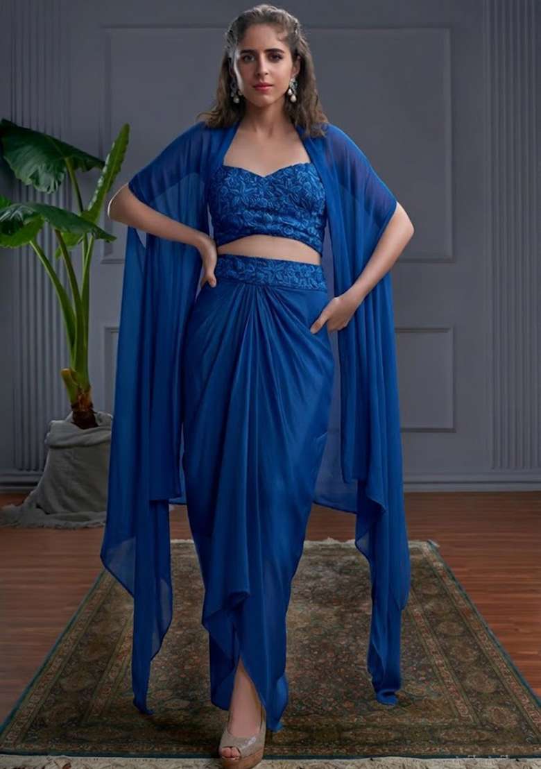 Blue Crepe Embroidered Handwork Fusion Set - Indya