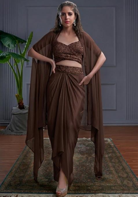 Fudge Brown Crepe Embroidered Handwork Fusion Set