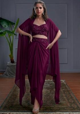 Plum Purple Crepe Embroidered Handwork Fusion Set