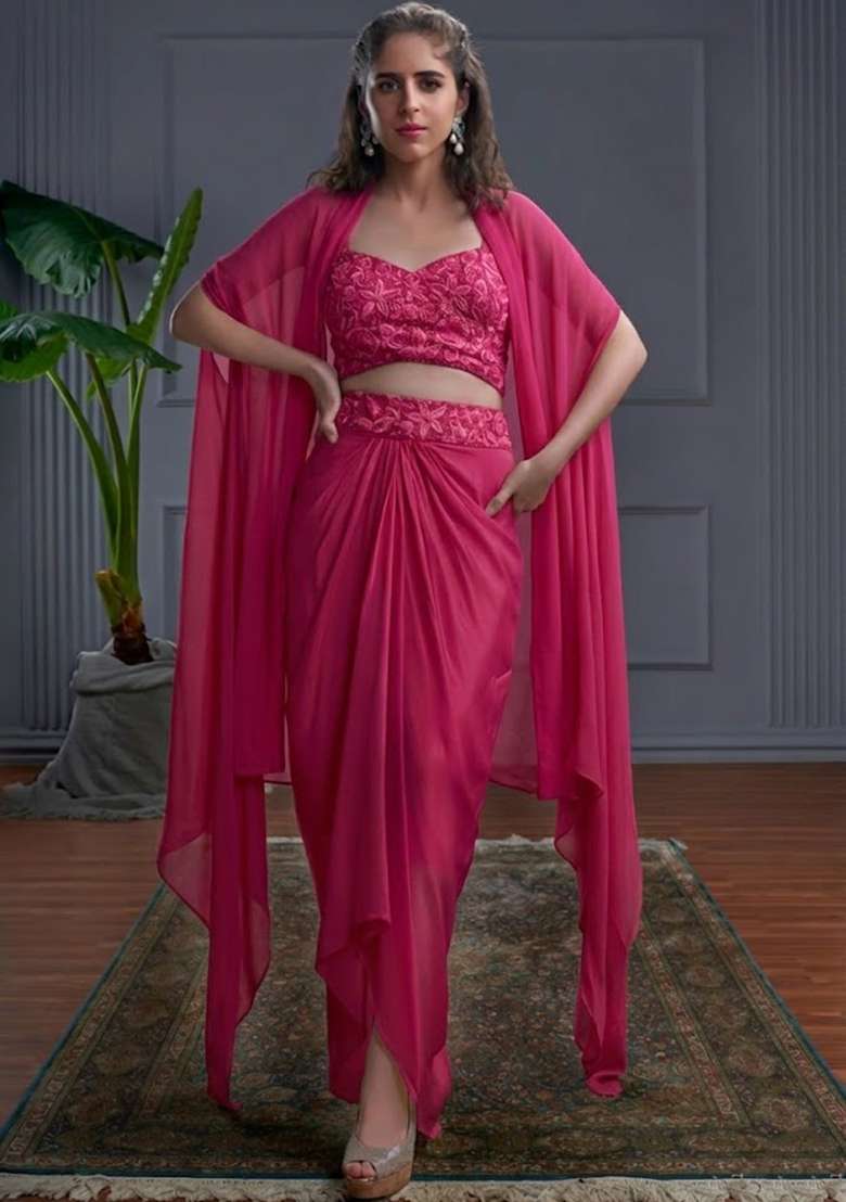 Raspberry Pink Crepe Embroidered Handwork Fusion Set - Indya
