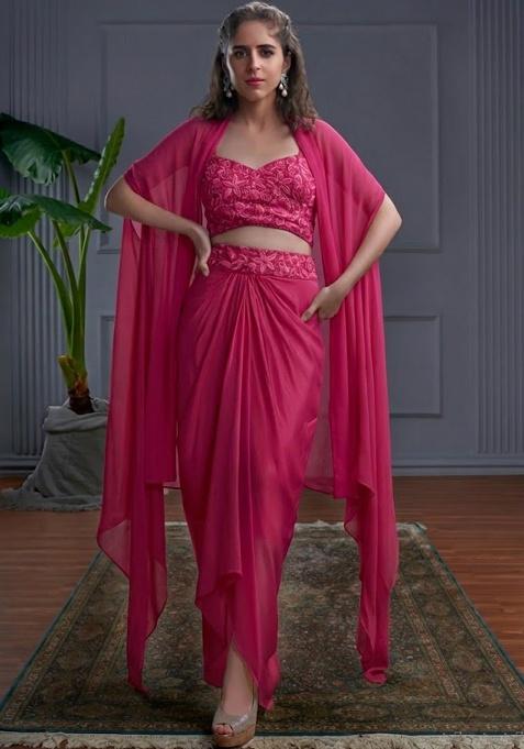 Raspberry Pink Crepe Embroidered Handwork Fusion Set