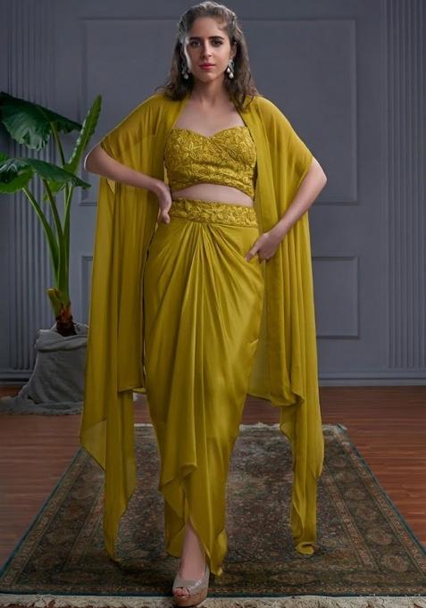 Olive Grey Crepe Embroidered Handwork Fusion Set