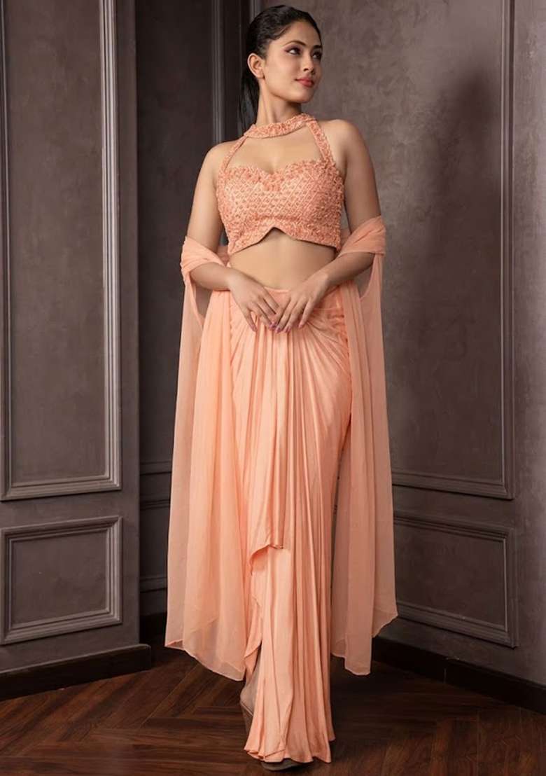 Peach Beige Satin Embellished Handwork Fusion Set - Indya