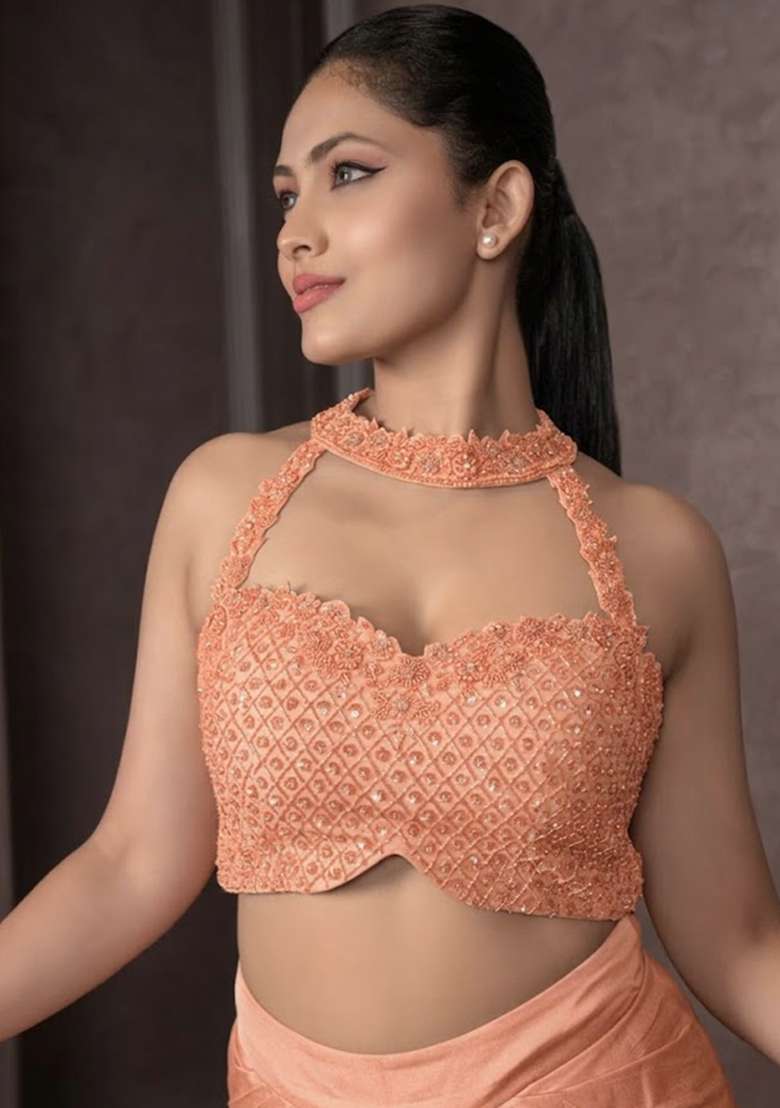 Peach Beige Satin Embellished Handwork Fusion Set - Indya
