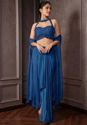 Blue Satin Embellished Handwork Fusion Set