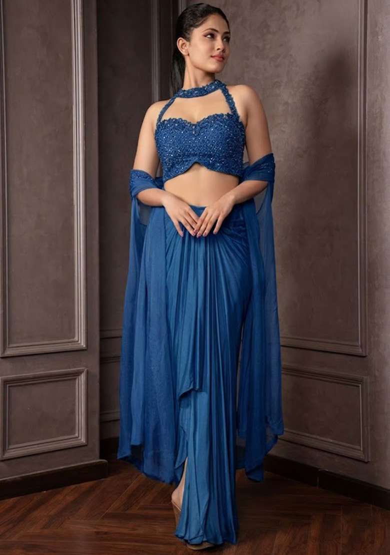 Blue Satin Embellished Handwork Fusion Set - Indya