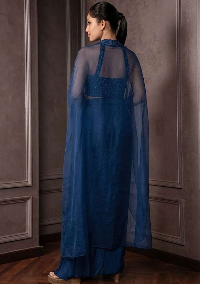 Blue Satin Embellished Handwork Fusion Set - Indya