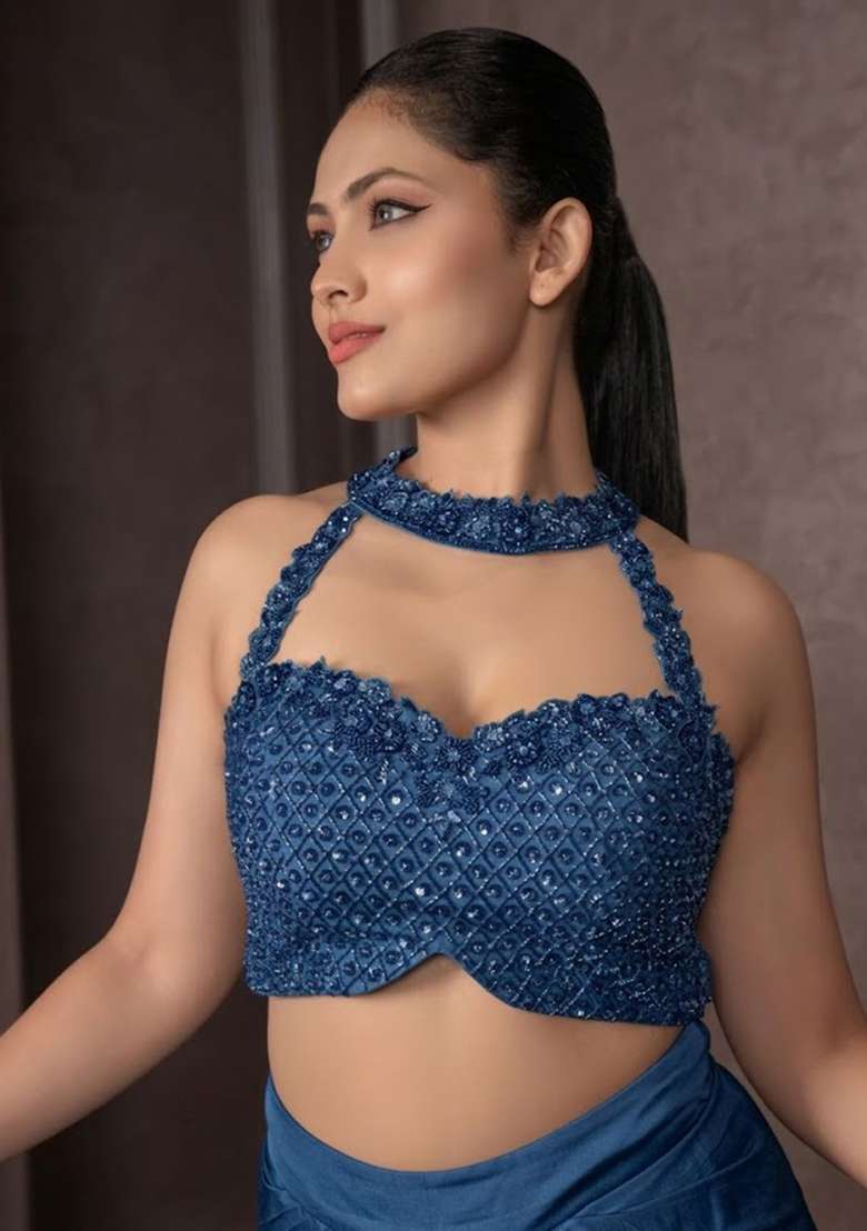 Blue Satin Embellished Handwork Fusion Set - Indya