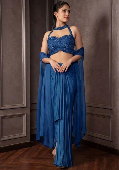 Blue Satin Embellished Handwork Fusion Set