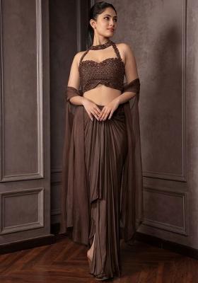 Fudge Brown Satin Embellished Handwork Fusion Set