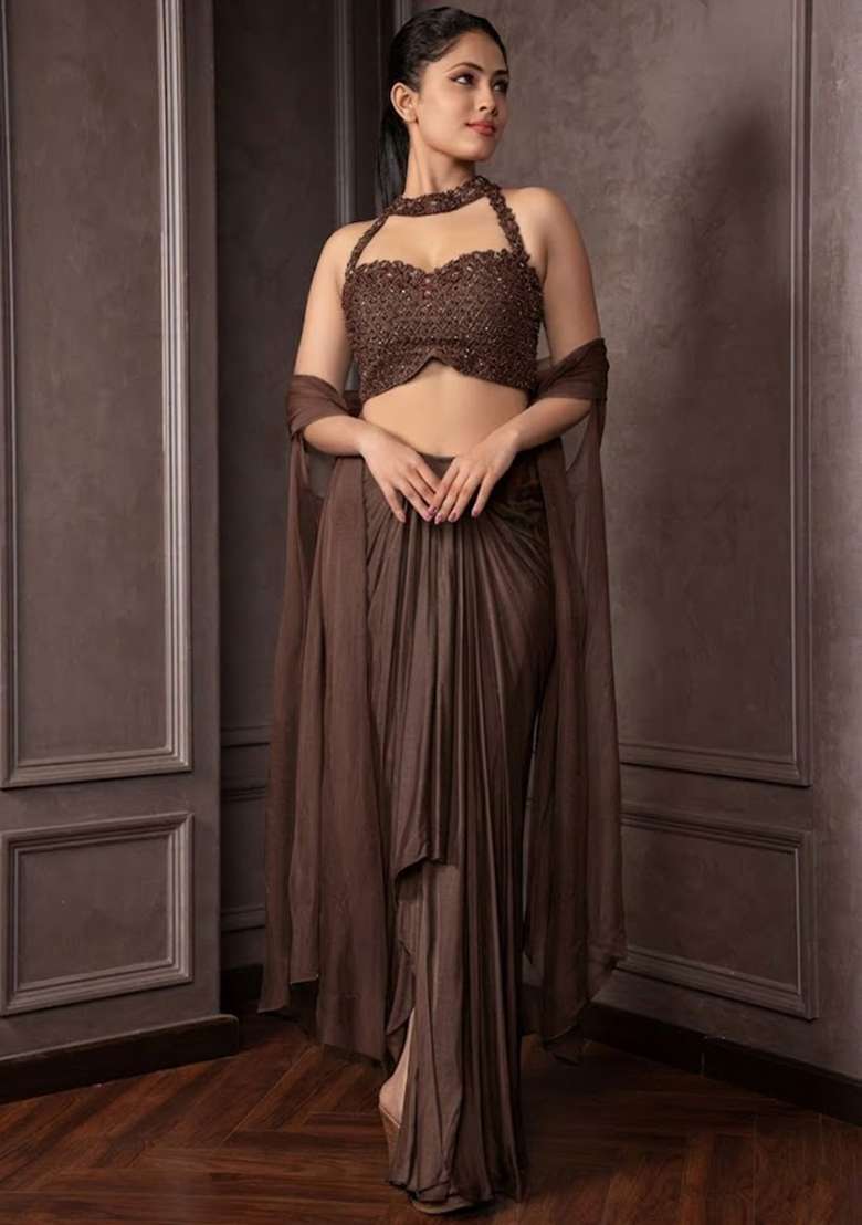 Fudge Brown Satin Embellished Handwork Fusion Set - Indya