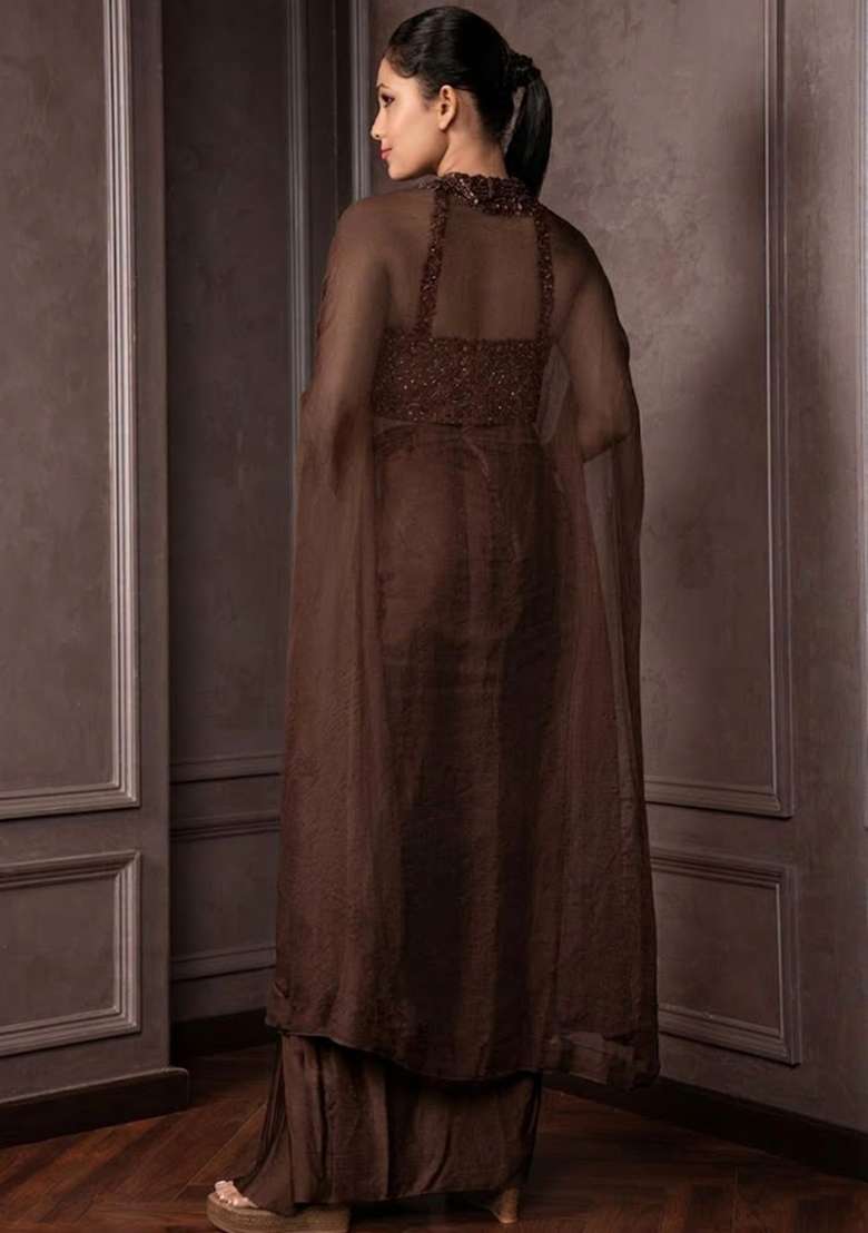 Fudge Brown Satin Embellished Handwork Fusion Set - Indya