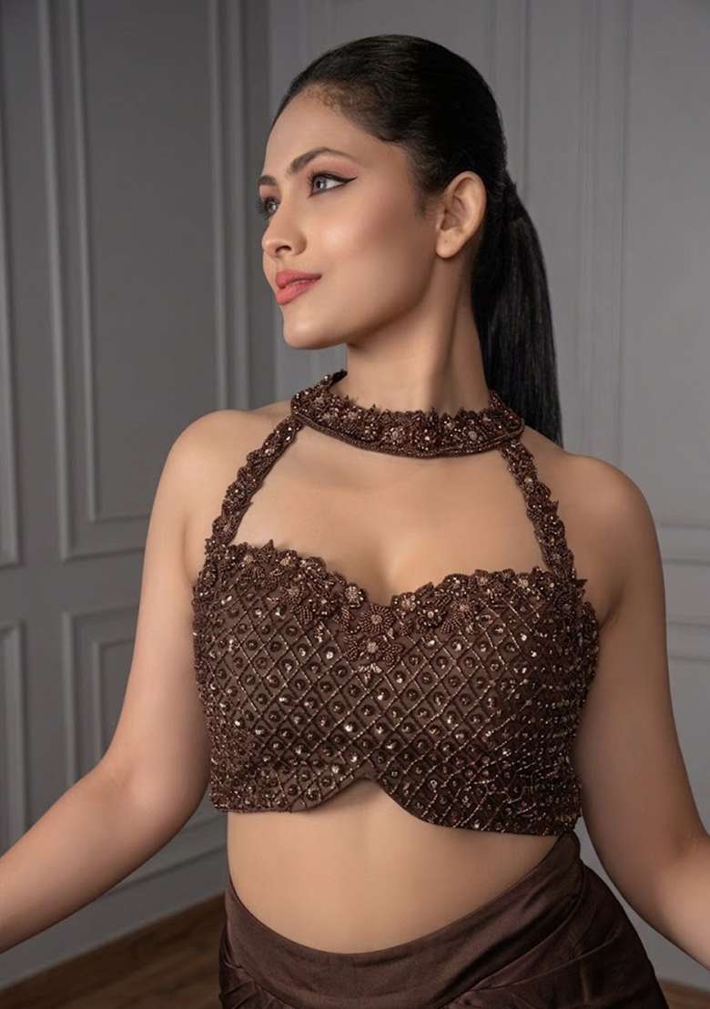 Fudge Brown Satin Embellished Handwork Fusion Set - Indya