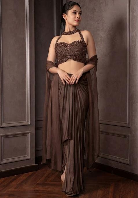 Fudge Brown Satin Embellished Handwork Fusion Set