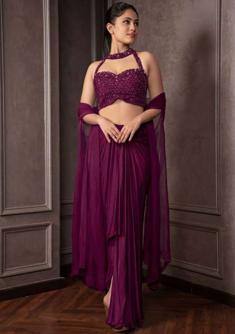 Plum Purple Satin Embellished Handwork Fusion Set - Indya