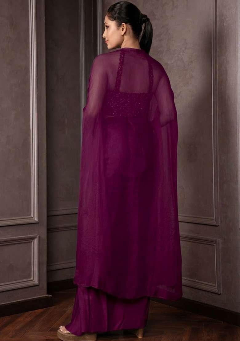 Plum Purple Satin Embellished Handwork Fusion Set - Indya