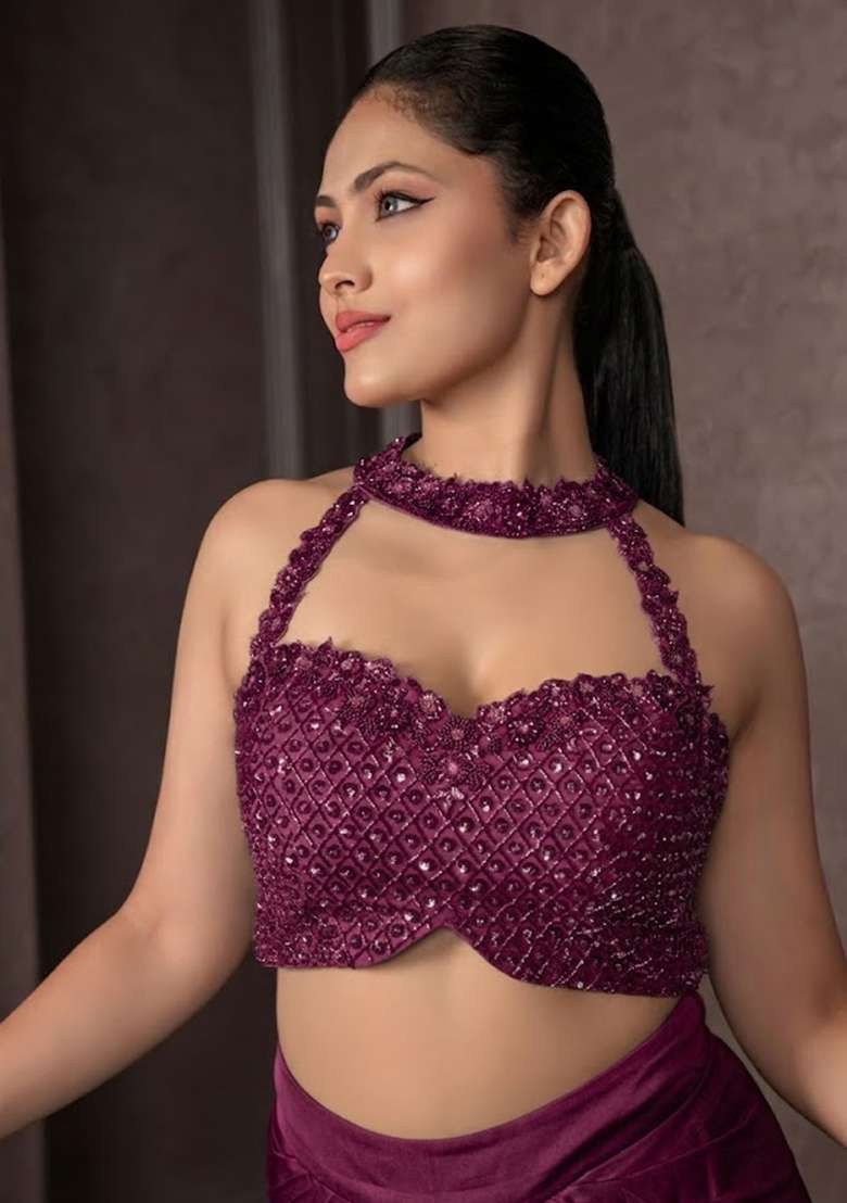 Plum Purple Satin Embellished Handwork Fusion Set - Indya