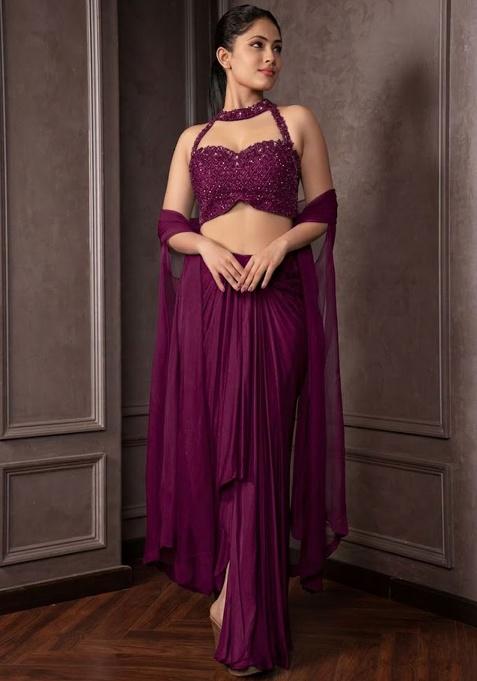 Plum Purple Satin Embellished Handwork Fusion Set