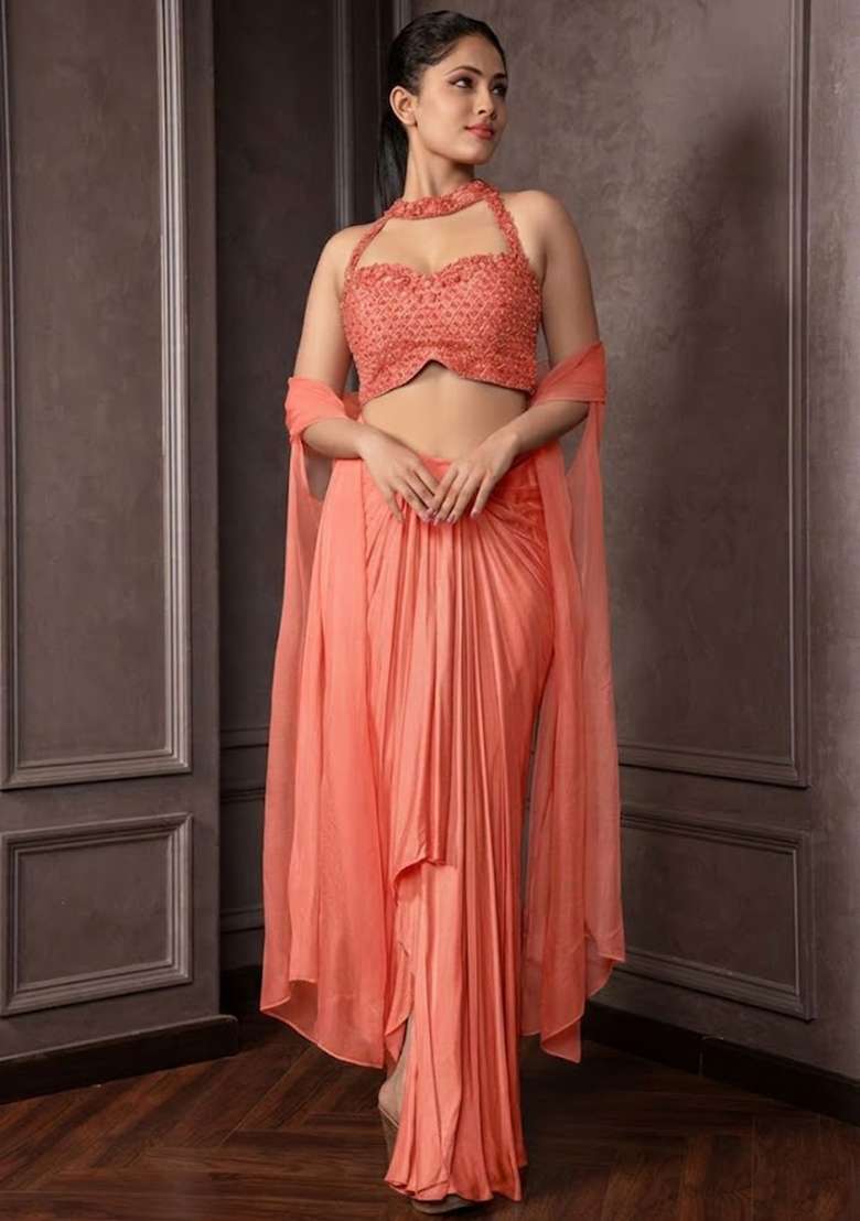 Salmon Pink Satin Embellished Handwork Fusion Set - Indya