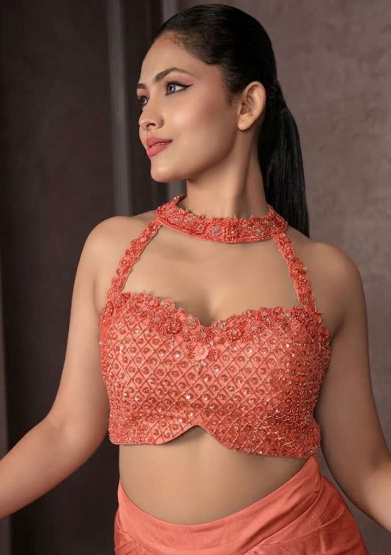 Salmon Pink Satin Embellished Handwork Fusion Set - Indya