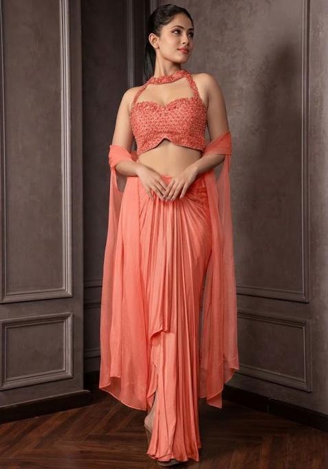 Salmon Pink Satin Embellished Handwork Fusion Set