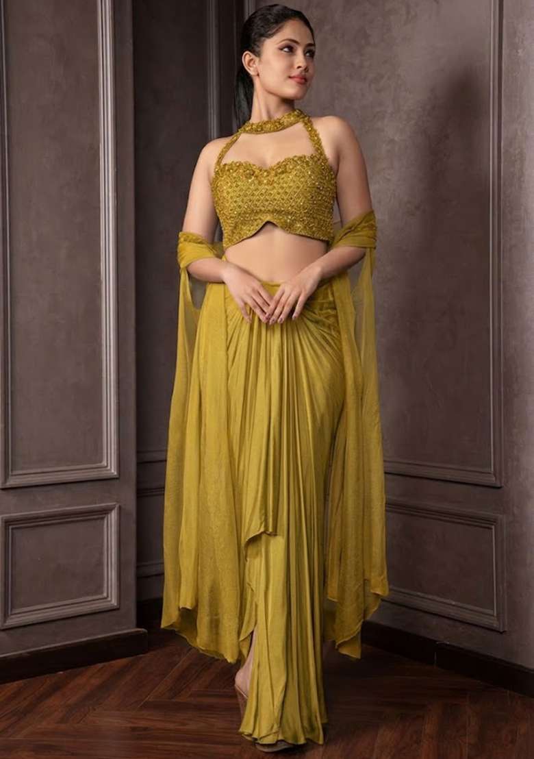 Olive Grey Satin Embellished Handwork Fusion Set - Indya