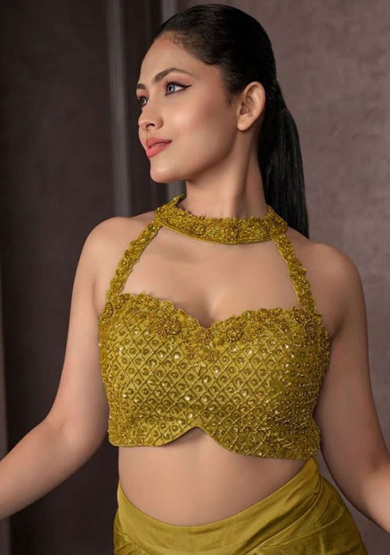 Olive Grey Satin Embellished Handwork Fusion Set - Indya