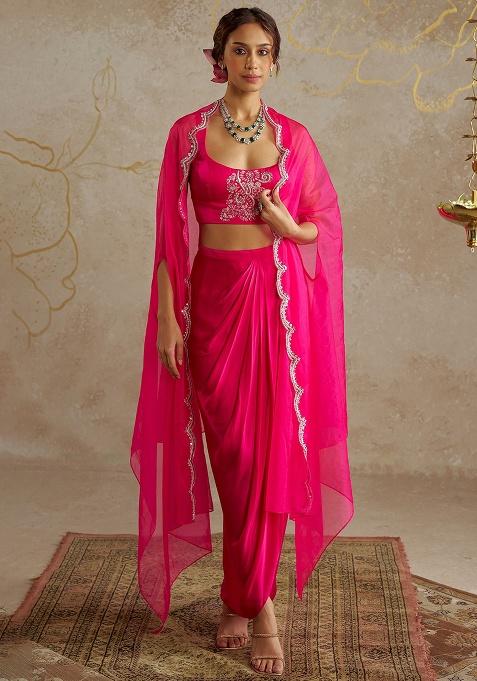 Fuchsia Pink Satin Embellished Handwork Fusion Set