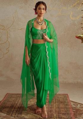 Green Satin Embellished Handwork Fusion Set