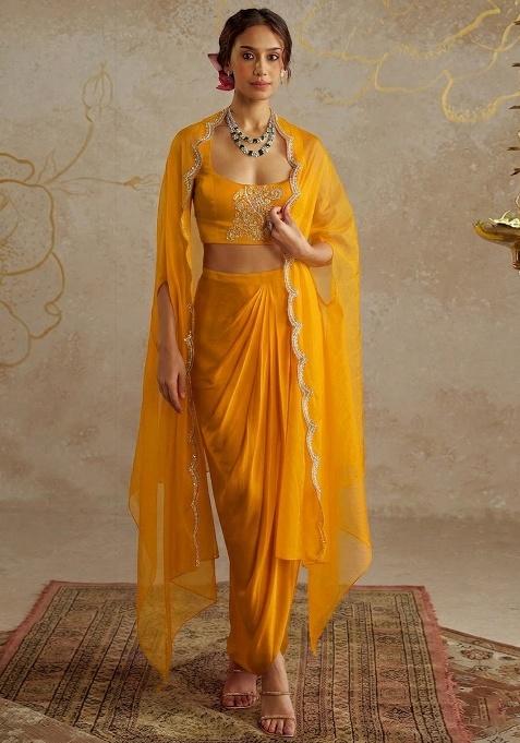 Neon Yellow Satin Embellished Handwork Fusion Set