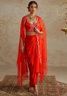 Orange Satin Embellished Handwork Fusion Set