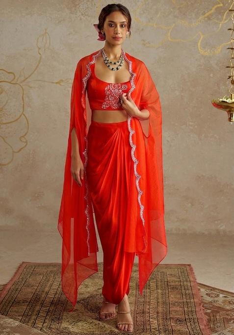 Orange Satin Embellished Handwork Fusion Set