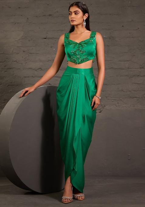 Green Satin Embellished Handwork Fusion Set