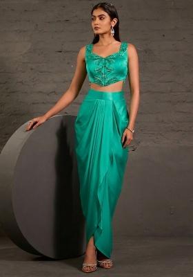Aqua Green Satin Embellished Handwork Fusion Set