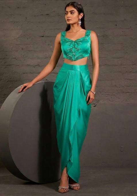 Aqua Green Satin Embellished Handwork Fusion Set