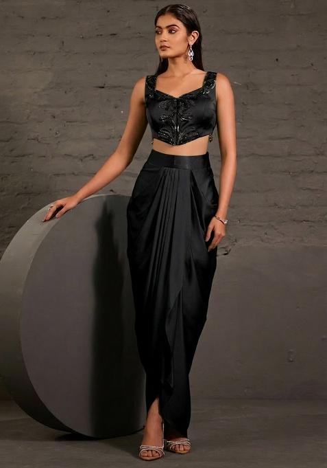 Black Satin Embellished Handwork Fusion Set
