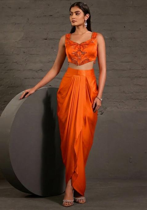 Orange Satin Embellished Handwork Fusion Set