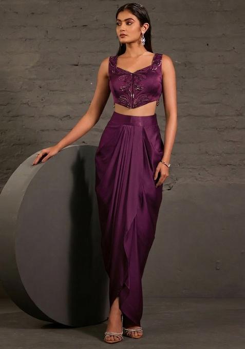 Plum Purple Satin Embellished Handwork Fusion Set