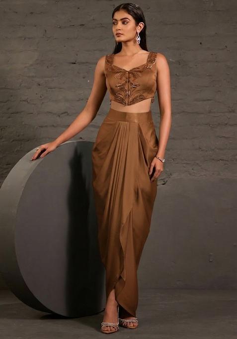 Toffee Brown Satin Embellished Handwork Fusion Set