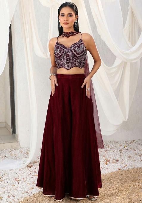 Wine Red Crepe Embellished Handwork Fusion Set