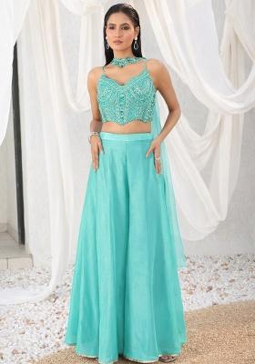 Blue Crepe Embellished Handwork Fusion Set