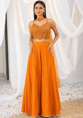 Brown Crepe Embellished Handwork Fusion Set