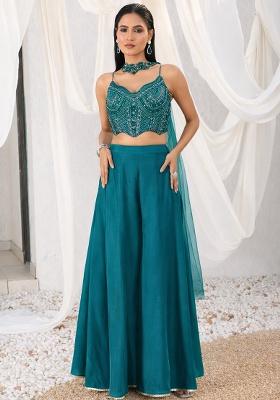 Pacific Blue Crepe Embellished Handwork Fusion Set