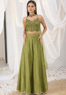 Palm Green Crepe Embellished Handwork Fusion Set