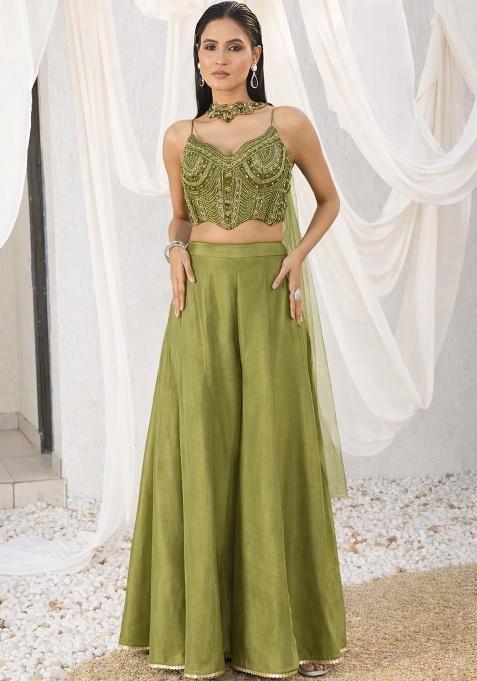 Palm Green Crepe Embellished Handwork Fusion Set