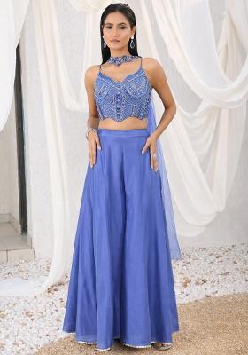 Dusty Blue Crepe Embellished Handwork Fusion Set